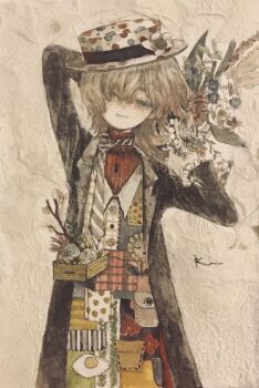 Rule 34 | 1girl, acrylic paint (medium), black coat, bouquet, brown eyes, brown hair, buttons, closed mouth, coat, commentary request, flower, hand on headwear, hat, highres, indoors, karintoun, long sleeves, looking at viewer, medium hair, messy hair, necktie, original, painting (medium), parted bangs, patchwork, plant, portrait, ribbon, shirt, signature, skirt, smile, standing, straight-on, striped clothes, striped vest, traditional media, vest, watercolor (medium), wavy hair, white shirt, yellow skirt