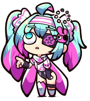 Rule 34 | 1girl, ahoge, blue eyes, blue hair, chibi, clothing request, commentary request, commission, covered navel, eyepatch, floral print, full body, hair ornament, hairband, indie virtual youtuber, kado (hametunoasioto), loading icon, multicolored hair, open mouth, pahichannel, pink hair, pointing, rabbit hair ornament, skeb commission, solo, standing, twintails, two-tone hair, white background