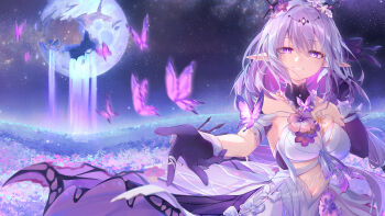 1girl absurdres bandaged_wrist bandages bare_shoulders breasts bug butterfly castorice_(honkai:_star_rail) collar commentary commission dress english_commentary frilled_collar frills gloves grin hair_intakes highres honkai:_star_rail honkai_(series) insect large_breasts leenarie long_hair looking_at_viewer moon night pointy_ears purple_eyes purple_gloves purple_hair reaching reaching_towards_viewer smile solo stomach upper_body very_long_hair watermark white_dress
