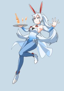 Rule 34 | 1girl, animal ears, ankle boots, bare shoulders, blue eyes, blue leotard, blue pantyhose, boots, bottle, bow, bowtie, breasts, commentary, cup, detached collar, detached sleeves, drinking glass, earrings, fake animal ears, highres, holding, holding tray, jewelry, leotard, long hair, looking ahead, medium breasts, mori kuro pp, pantyhose, playboy bunny, ponytail, rabbit ears, red bow, red bowtie, rwby, scar, scar across eye, scar on face, showgirl skirt, solo, tray, very long hair, weiss schnee, white boots, white hair, wine bottle
