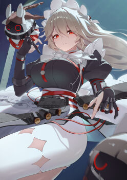 1girl absurdres alexandrina_sebastiane anastella_(zenless_zone_zero) black_dress breasts dress drusilla_(zenless_zone_zero) edible_sus gloves grey_hair highres juliet_sleeves large_breasts long_hair long_sleeves looking_at_viewer maid maid_headdress open_mouth pantyhose pantyhose_cutout partially_fingerless_gloves puffy_sleeves red_eyes side_slit single_leg_pantyhose solo spiked_headband white_pantyhose zenless_zone_zero