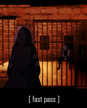 1boy 1girl arrow_print black_coat boots brick_wall brook_(i&#039;m_the_grim_reaper) coat commentary english_commentary english_text faceless full_body fur-trimmed_hood fur_trim graveweaver hands_in_pockets head_down highres hood i&#039;m_the_grim_reaper light_particles official_art prison_cell promotional_art scarlet_(i&#039;m_the_grim_reaper) sitting spread_legs standing white_hair