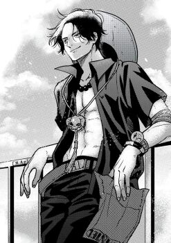 1boy abs aged_down belt bracelet commentary highres holding holding_paper jewelry log_pose looking_ahead male_focus miaz88388191 necklace one_piece open_clothes open_shirt outdoors paper pearl_necklace portgas_d._ace short_hair smile solo