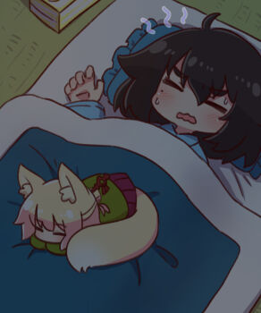 2girls =_= ahoge animal_ear_fluff animal_ears artist_self-insert black_hair blonde_hair blush closed_eyes commentary fox_ears fox_girl fox_tail frilled_pillow frills green_shirt hair_between_eyes highres kemomimi-chan_(naga_u) long_sleeves multiple_girls naga_u on_bed open_mouth original pillow pleated_skirt purple_skirt shirt skirt sleeping sleeves_past_fingers sleeves_past_wrists sweat tail tatami thick_eyebrows tissue_box under_covers wavy_mouth