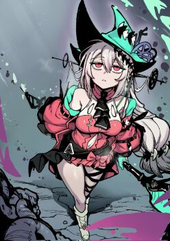 Rule 34 | 1girl, amaya 5321, arknights, bare shoulders, boots, bow, breasts, clothing cutout, detached sleeves, dress, expressionless, green hat, grey hair, hair between eyes, hair ornament, hat, highres, holding, holding polearm, holding weapon, jacket, lace-up boots, long hair, looking at viewer, medium breasts, navel, navel cutout, parted lips, polearm, red dress, red eyes, red jacket, skadi (arknights), skadi the corrupting heart (arknights), skirt, sleeveless, solo, thighs, very long hair, weapon, witch hat