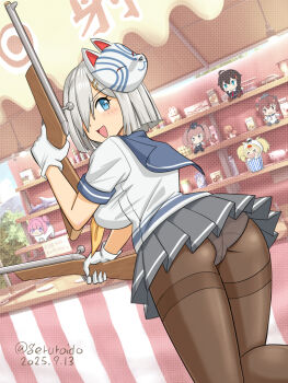 ass atlanta_(kancolle) black_pantyhose blue_eyes blue_sailor_collar breasts character_doll commentary_request doll doro_(nikke) fox_mask gambier_bay_(kancolle) geru gloves grey_hair grey_skirt hair_ornament hair_over_one_eye hairclip hamakaze_(kancolle) kantai_collection large_breasts looking_at_viewer mask mask_on_head multiple_girls neckerchief open_mouth panties panties_under_pantyhose pantyhose sailor_collar shigure_(kancolle) shigure_kai_ni_(kancolle) short_hair short_sleeves skirt underwear white_gloves yellow_neckerchief yukikaze_(kancolle)