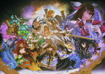 5boys 6+girls absurdres aether_(as_heaven_and_earth_are_made_anew)_(genshin_impact) aether_(genshin_impact) ahoge antlers arm_up beret biker_clothes bikesuit black_bodysuit black_coat black_hair black_pants blonde_hair blue_coat blue_hair blue_hat blue_jacket blue_necktie bodysuit boots braid breasts brown_boots brown_hair cape card cleavage closed_eyes closed_mouth coat columbina_(genshin_impact) commentary_request conma crystal_hair_ornament deer_girl detached_sleeves dress drop-shaped_pupils eye_mask flins_(genshin_impact) flower frown full_body furina_(genshin_impact) genshin_impact glint gloves gradient_hair green_cape green_dress green_eyes green_hair green_hat green_shorts grin hair_between_eyes hair_flower hair_ornament halo hand_up hat hat_flower highres holding holding_instrument holding_lantern holding_lyre holding_sword holding_weapon horns instrument jacket japanese_clothes kimono lantern large_breasts lauma_(genshin_impact) left-handed long_hair long_sleeves looking_at_viewer lumine_(as_heaven_and_earth_are_made_anew)_(genshin_impact) lumine_(genshin_impact) lyre mask mavuika_(genshin_impact) mechanical_halo medium_breasts multicolored_hair multiple_boys multiple_girls nahida_(genshin_impact) necktie neuvillette_(genshin_impact) neuvillette_(melusent_gift)_(genshin_impact) obi official_alternate_costume one_eye_closed open_mouth paimon_(genshin_impact) pants pantyhose picture_frame pink_hair pointy_ears ponytail purple_eyes purple_hair purple_kimono raiden_shogun red_hair ripples romper sash scarf shirt short_hair_with_long_locks shorts side_braids smile standing standing_on_one_leg sword symbol-shaped_pupils tarot tarot_card thigh_boots traveler's_original_sword_(genshin_impact) twin_braids venti_(genshin_impact) vision_(genshin_impact) weapon white_coat white_dress white_flower white_hair white_mask white_pantyhose white_romper white_shirt wing_hair_ornament yellow_eyes yumkasaurus_(genshin_impact) zhongli_(genshin_impact)