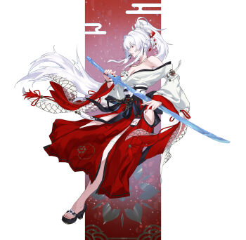 1girl absurdres bare_shoulders breasts cola-alter colored_eyelashes commentary_request from_side full_body hair_ribbon hakama hakama_skirt high_ponytail highres hiyuki_(wuthering_waves) holding holding_sword holding_weapon id_card japanese_clothes katana kimono large_breasts long_hair nail_polish off_shoulder partial_commentary ponytail profile red_eyes red_hakama red_nails red_ribbon ribbon skirt solo sword weapon white_eyelashes white_hair white_kimono wuthering_waves