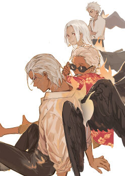 1girl 3boys arm_support black_pants black_wings chamsut0905 child closed_mouth collared_shirt crocodile_(one_piece) crossed_arms dark-skinned_female dark-skinned_male dark_skin donquixote_doflamingo earrings expressionless fire from_side hawaiian_shirt highres jewelry long_hair looking_at_another looking_at_viewer looking_over_glasses medium_hair multiple_boys nose one_piece pants partially_unbuttoned profile red_eyes removing_eyewear s-hawk s-snake sanpaku scar scar_on_face seraphim_(one_piece) shirt shirt_tucked_in short_hair simple_background sitting sketch smile snake_earrings standing sunglasses very_short_hair white_background white_hair white_shirt wings
