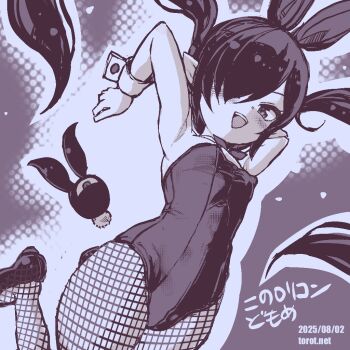 1girl :d animal_ears armpits arms_behind_head arms_up backbeako_(torotei) backbeard blush bow bowtie breasts commentary cowboy_shot dated dated_commentary detached_collar fake_animal_ears fake_tail fishnet_pantyhose fishnets foot_up gegege_no_kitarou hair_bow hair_over_one_eye kono_lolicon_domome leotard long_hair looking_at_viewer monochrome open_mouth original paid_reward_available pantyhose pear-shaped_figure playboy_bunny pointy_ears purple_background purple_theme rabbit_ears rabbit_tail shoes simple_background small_breasts smile solo standing standing_on_one_leg strapless strapless_leotard tail torotei translated twintails very_long_hair watermark web_address wrist_cuffs