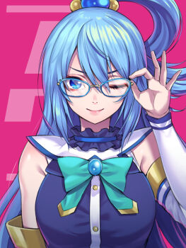 1girl ;) adjusting_eyewear aqua_(konosuba) aqua_bow aqua_bowtie bare_shoulders bespectacled blue-framed_eyewear blue_dress blue_eyes blue_hair bow bowtie breasts brooch commentary_request dress elbow_gloves glasses gloves hair_between_eyes hair_ornament hand_up highres jewelry kono_subarashii_sekai_ni_shukufuku_wo! long_hair looking_at_viewer medium_breasts one_eye_closed pink_background re_(re_09) revision smile solo sphere_hair_ornament upper_body white_gloves