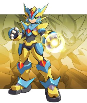 1boy absurdres arm_cannon armor bodysuit commentary cosplay crossover electricity english_commentary full_body gen_7_pokemon green_eyes helmet highres legendary_pokemon legs_apart male_focus mega_man_(series) mega_man_zx megaman.exe mythical_pokemon nintendo parody pokemon solo standing style_parody tagme ultimatemaverickx weapon zeraora zeraora_(cosplay)
