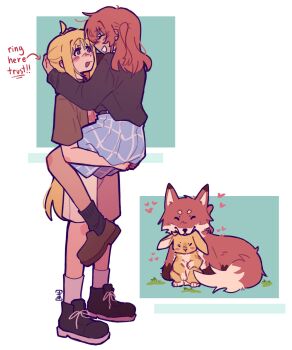 absurdres ahoge animalization black_shirt black_shoes black_socks blonde_hair blue_skirt blush bocchi_the_rock! brown_eyes brown_shirt brown_shoes closed_eyes dark-skinned_female dark_skin fox hand_around_neck hand_on_another's_ass heart highres hiimross ijichi_nijika kita_ikuyo lifting_person long_hair long_sleeves looking_at_another medium_hair open_mouth person_and_animalization rabbit red_fur red_hair shirt shoes short_sleeves skirt socks standing white_fur white_socks yellow_fur yuri