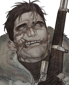 1boy character_request facial_hair facing_ahead fingerless_gloves fur-trimmed_jacket fur_trim glasgow_smile gloves gun highres holding holding_gun holding_weapon jacket ju-san looking_at_viewer male_focus open_mouth original portrait rifle scar scar_across_eyebrow scar_on_face scope short_hair solo stubble teeth very_short_hair weapon white_eyes