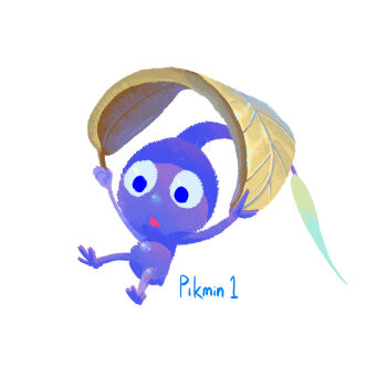 Rule 34 | blue eyes, blue pikmin, blue skin, colored skin, copyright name, creature, creature focus, expressionless, falling, highres, holding, holding leaf, leaf, looking ahead, nintendo, no humans, oversized object, parachute, pikmin (creature), pikmin (series), pikmin 1, simple background, solo, triangle mouth, white background, yu pikmin