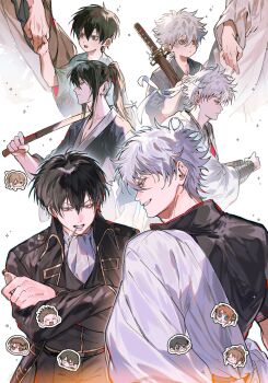 2girls 6+boys aged_down black_jacket brown_hair character_request chibi child crossed_arms from_behind gintama grey_hair grin hair_between_eyes highres hijikata_toushirou holding holding_sword holding_weapon ikaooi1 jacket katana male_focus multiple_boys multiple_girls multiple_views profile sakata_gintoki short_hair smile sword teeth upper_body weapon white_background