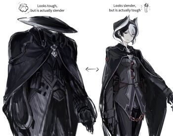 1girl arrow_(symbol) black_cloak black_eyes black_gloves black_hair black_hat black_jacket black_pants breasts cloak closed_mouth collared_cloak colossustotem commentary cowboy_shot english_commentary gloves hair_between_eyes hat highres jacket light_smile long_sleeves looking_at_viewer made_in_abyss medium_breasts multicolored_hair multiple_views ozen pants short_hair simple_background standing two-tone_hair white_background white_hair