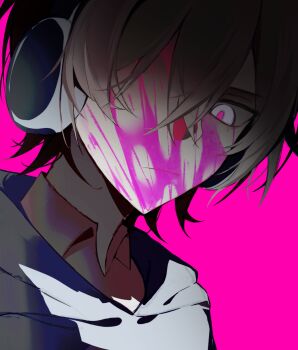 1boy blood blood_on_face brown_hair camille407 chinese_commentary closed_mouth collared_shirt commentary_request crossed_bangs expressionless grey_eyes grey_hoodie grey_shirt hair_between_eyes headphones highres hood hood_down hoodie jidong_zhanshi_keven male_focus pink_background pink_blood pink_pupils portrait real_life shirt short_hair simple_background solo