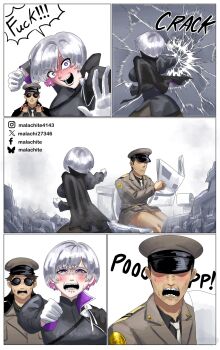 1girl 2boys aviator_sunglasses blue_eyes blush breaking_through_wall breasts broken broken_finger broken_wall crack cracked_wall debris destruction dress earrings gloves goddess_of_victory:_nikke hair_between_eyes highres jacket jewelry large_breasts liliweiss_(nikke) long_sleeves malachite_27346 military_uniform multicolored_hair multiple_boys newspaper on_toilet pink_hair punching rubble screaming shiny_eyes short_hair star-shaped_pupils star_(symbol) strong sunglasses symbol-shaped_pupils the_legendary_commander_(nikke) toilet toilet_use white_gloves white_hair