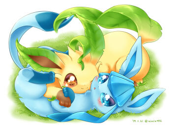 aimi_(aimia492) animal_focus blue_eyes brown_eyes closed_mouth commentary_request dated gen_4_pokemon glaceon grass leafeon lying nintendo no_humans open_mouth pokemon pokemon_(creature) pokemon_focus smile twitter_username