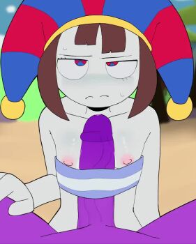 1boy 1girl animated beach bikini blue_eyes breasts brown_hair closed_mouth collarbone colored_skin flat_chest garydayshey glitch_productions gooseworx hand_on_another's_thigh hat hetero hip_focus jax_(the_amazing_digital_circus) jester_cap jitome large_penis loli looping_animation lunny_sketch multicolored_eyes naizuri naizuri_under_clothes nipples paizuri paizuri_under_clothes penis pomni_(the_amazing_digital_circus) pov pov_crotch precum public_indecency purple_skin red_eyes strapless sweatdrop swimsuit tagme the_amazing_digital_circus tube_top veins veiny_penis video white_skin