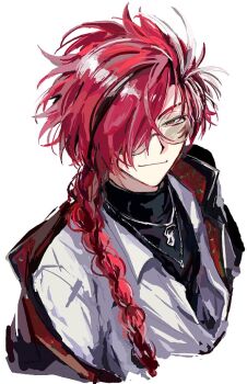 Rule 34 | 1boy, black coat, black hair, black shirt, braid, braided ponytail, closed mouth, coat, coat on shoulders, collared shirt, commentary request, cosplay, cropped torso, fate/grand order, fate (series), hair over one eye, hair over shoulder, jewelry, long hair, looking at viewer, male focus, multicolored hair, necklace, one eye covered, red eyes, red hair, round eyewear, shiguang dailiren, shirt, simple background, single braid, smile, solo, streaked hair, sunglasses, takasugi shinsaku (fate), turtleneck, tyoookozuki, undershirt, upper body, white background, white shirt, xiao weiying, xiao weiying (cosplay)