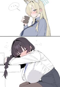 ... 2girls absurdres animal_ears black_hair black_skirt blonde_hair blue_archive blue_halo blush bra_visible_through_clothes braid braided_ponytail breasts brown_pantyhose commentary_request cup drinking drunk female_sensei_(blue_archive) female_sensei_(blue_archive)_(xipa) halo highres holding holding_cup id_card kanna_(blue_archive) lanyard long_hair multiple_girls pantyhose sensei_(blue_archive) shirt sitting skirt sleeping spoken_ellipsis white_background white_shirt xipa