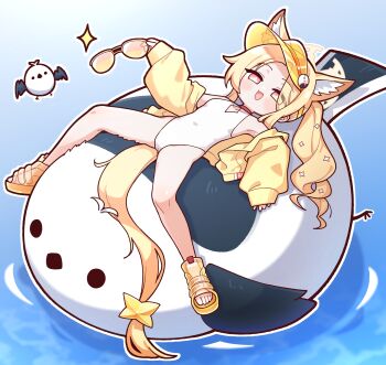 1girl animal_ear_fluff animal_ears arm_up armpits bird blonde_hair blue_archive blush commentary_request cross_halo forehead fox_ears fox_girl fox_tail golmonggu halo highleg highleg_one-piece_swimsuit highres jacket korean_commentary legs long_hair lying on_back one-piece_swimsuit open-toe_shoes open_clothes open_jacket open_mouth orange-tinted_eyewear seia_(blue_archive) seia_(swimsuit)_(blue_archive) shoes side_ponytail smile spread_legs sunglasses swimsuit tail thighs tinted_eyewear unworn_eyewear visor_cap water white_one-piece_swimsuit yellow_halo yellow_jacket yellow_shoes yellow_visor