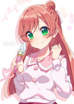 1girl absurdres blouse closed_mouth collared_shirt commentary green_eyes hair_bun hair_ribbon heart_trace highres hirogaru_sky!_precure holding holding_pen light_trail long_hair long_sleeves looking_at_viewer mirage_pen myarikuru nijigaoka_mashiro pen pink_hair pink_shirt precure ribbon shirt single_hair_bun smile solo upper_body white_ribbon