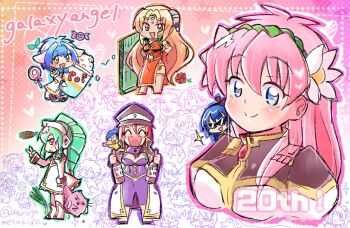 Rule 34 | 6+girls, :d, angel wing uniform, animal ears, anniversary, blonde hair, blue eyes, blue hair, chinese clothes, copyright name, drill hair, everyone, facial mark, flower, food, forehead mark, forte stollen, full body, galaxy angel, green hair, hair flower, hair ornament, hairband, hairpods, highres, long hair, looking at viewer, milfeulle sakuraba, mint blancmanche, multiple girls, new yorker (togawa hamasaki), normad, open mouth, pink hair, popcorn, ranpha franboise, red eyes, red hair, smile, upper body, vanilla h