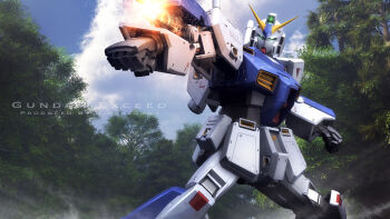 3d aiming arm_cannon battle cloud english_text fake_screenshot firing forest gatling_gun gundam gundam_0080 gundam_alex highres machinery mecha mecha_focus mobile_suit nature no_humans realistic robot s.hasegawa science_fiction title tree v-fin weapon