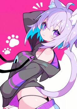 1girl :3 ahoge animal_ear_fluff animal_ears arm_up ass bare_shoulders black_panties blue_hair blush blush_stickers breasts cat_ears cat_girl cat_tail cleavage closed_mouth colored_inner_hair commentary fang hair_between_eyes highleg highleg_panties highres holding_hoodie hololive hood hoodie iridescent_hair kusumikei long_sleeves looking_at_viewer looking_back medium_breasts multicolored_hair nekomata_okayu nekomata_okayu_(1st_costume) panties purple_eyes purple_hair purple_tail short_hair sleeves_past_wrists smile solo tail thick_eyelashes underwear virtual_youtuber