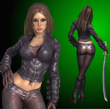 1girl 3d ass batman:_arkham_(series) batman:_arkham_city batman_(series) boots breasts brown_hair dc_comics dnxpunk gloves highres jacket leather leather_jacket leather_pants long_hair midriff pants sword talia_al_ghul weapon