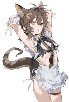 1boy absurdres animal_ear_fluff animal_ears apron armpits arms_up bandages bandaid bandaid_on_face bell black_necktie brown_hair cat_boy cat_ears cat_tail commentary_request cowboy_shot earrings flat_chest frilled_apron frills hair_between_eyes hair_ornament heterochromia highres jewelry jingle_bell korean_commentary looking_at_viewer male_focus neck_bell necktie open_mouth original panties seeshin_see simple_background solo tail thigh_strap trap underwear v waist_apron white_apron white_background white_panties yellow_eyes