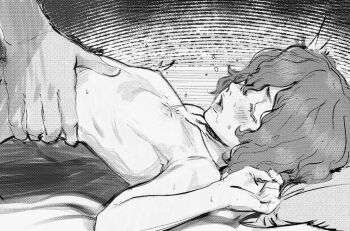 arched_back bed bed_sheet berserk blush butterchalk closed_eyes collarbone drooling flat_chest greyscale hair_over_one_eye implied_sex isma loli lying monochrome nipples on_back on_bed open_mouth size_difference sweat waist_grab