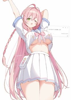 1girl ahoge belt_pouch blue_archive blue_sailor_collar blush bow bowtie braid breasts commentary_request green_eyes hair_between_eyes hair_bow hanako_(blue_archive) highres koishi_(kiwi0314) large_breasts long_hair looking_at_viewer navel no_halo one_eye_closed pink_bow pink_bowtie pink_hair pouch request_inset sailor_collar shirt single_braid skirt solo stretching thighs underboob very_long_hair white_bow white_shirt white_skirt yawning