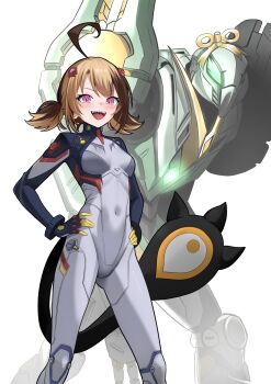 1girl :d absurdres ahoge alternate_color blush bodysuit breasts brown_hair cecilia_immergreen commentary cosplay covered_navel english_commentary gigi_murin gluteal_fold hands_on_own_hips highres hololive hololive_english looking_at_viewer marvel marvel_rivals mecha mecha_pilot_suit mechanization multicolored_bodysuit multicolored_hair open_mouth peni_parker peni_parker_(cosplay) pink_eyes raikkonen robot short_hair simple_background skin_tight small_breasts smile solo sp//dr tail teeth tongue twintails two-tone_hair virtual_youtuber white_background