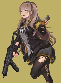Rule 34 | 1girl, brown hair, girls' frontline, jacket, long hair, pantyhose, scar, scar across eye, scar on face, side ponytail, simple background, smoke grenade, solo, taena, torn clothes, torn jacket, torn pantyhose, ump45 (girls' frontline), weapon, yellow eyes