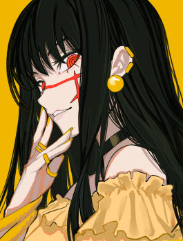 1girl absurdres aegyo_sal black_choker black_hair chainsaw_man choker cross_scar dress earrings facial_scar frilled_dress frilled_sleeves frills gold_earrings highres jewelry long_hair looking_at_viewer multiple_rings nail_polish parted_lips red_eyes ring ringed_eyes sailen0 scar scar_on_cheek scar_on_face sideways_glance simple_background smile solo yellow_background yellow_dress yellow_nails yellow_theme yoru_(chainsaw_man)