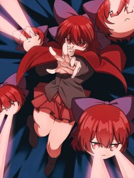 1girl attack black_shirt blue_bow bow brown_footwear cape closed_eyes closed_mouth disembodied_head eye_beam floating_head hair_bow highres large_bow laser long_sleeves looking_at_viewer multiple_heads outstretched_arm outstretched_hand purple_bow red_cape red_eyes red_hair red_skirt ribbon-trimmed_bow ribbon_trim sekibanki shirt short_hair skirt smile touhou turtle-kun