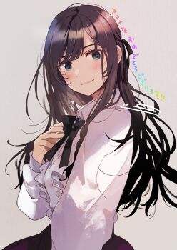 Rule 34 | 1girl, absurdres, alina clover, black bow, black bowtie, black eyes, black hair, blush, bow, bowtie, closed mouth, collared shirt, commentary request, fly (marguerite), frilled shirt, frills, grey background, guild no uketsukejou desu ga zangyou wa iya nanode boss wo solo toubatsu shiyou to omoimasu, highres, long hair, long sleeves, second-party source, shirt, signature, simple background, solo