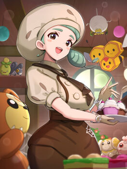 1girl :d apron artist_name ascot blurry blurry_foreground blush_stickers brown_apron brown_ascot brown_eyes brown_skirt buttons ceiling combee commentary_request cupcake fidough food gen_2_pokemon gen_4_pokemon gloves gonzarez green_hair highres holding igglybuff indoors katy_(pokemon) looking_down low_side_ponytail mole nintendo nymble open_mouth pokemon pokemon_sv puffy_sleeves shirt short_sleeves skirt smile smoliv spider_web_print tarountula teddiursa teeth upper_teeth_only waist_apron