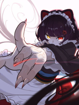 1girl absurdres animal_ears apron attack_trail brown_hair brown_kimono commentary_request cowboy_shot dog_ears eyelashes fingernails flower foreshortening frilled_apron frills glowing glowing_eyes hair_flower hair_ornament heterochromia highres inui_toko inui_toko_(1st_costume) japanese_clothes kimono long_fingernails looking_at_viewer maid_headdress nijisanji osho_oseki outstretched_arm red_eyes red_skirt sharp_fingernails skirt solo veins veiny_hands virtual_youtuber waist_apron white_apron white_background white_headdress yellow_eyes