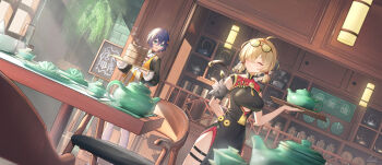 126_klym 2girls absurdres ahoge bamboo_steamer belle_(delicate_sunlight)_(zenless_zone_zero) belle_(zenless_zone_zero) black_dress blonde_hair blue_hair breasts chair china_dress chinese_clothes chinese_text closed_eyes desk dress eyewear_on_head green_eyes hair_between_eyes hair_ornament hair_over_one_eye highres holding indoors large_breasts light_blush long_sleeves multiple_girls official_alternate_costume open_mouth pantyhose pelvic_curtain side_slit smile sunlight sweety_(zenless_zone_zero) teapot teeth thigh_strap tinted_eyewear upper_teeth_only white_pantyhose zenless_zone_zero