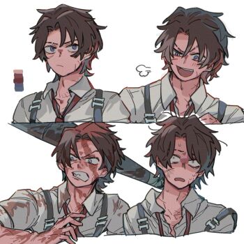 Rule 34 | 1boy, blood, blood in hair, blood on clothes, blood on face, blood on hands, collared shirt, commentary request, expressionless, heathcliff (project moon), limbus company, multiple views, necktie, nervous sweating, open clothes, open mouth, open shirt, project moon, purple eyes, red necktie, scar, scar on face, scar on neck, shaded face, shirt, sijo nm, simple background, smile, sweat, white background, white shirt