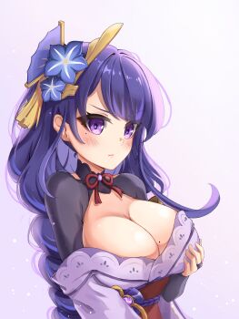 1girl absurdres armor blue_pupils blunt_bangs blush braid breasts bridal_gauntlets cleavage clothing_cutout commentary english_commentary fan_hair_ornament genshin_impact glowing gradient_background highres huge_breasts japanese_clothes kimono long_braid masamune_(rasyid.khan.965) mole mole_on_breast mole_under_eye multicolored_eyes neck_ribbon off_shoulder open_mouth purple_background purple_eyes purple_hair purple_kimono raiden_shogun red_ribbon red_sash ribbon sash shoulder_armor shoulder_cutout single_braid solo standing upper_body wide_sleeves