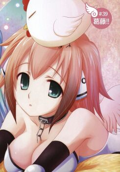 1girl angel angel_wings animal animal_on_head bird bird_on_head breasts broken broken_chain chain chicken cleavage collar green_eyes highres ikaros large_breasts looking_at_viewer lying metal_collar minazuki_suu official_art on_head on_stomach open_mouth parted_lips pink_hair pink_wings robot_ears sidelocks solo sora_no_otoshimono tareme wings