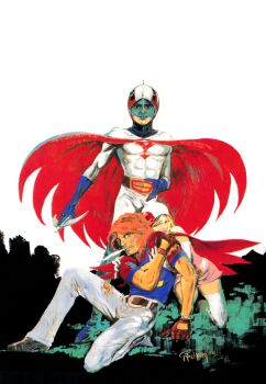 1980s_(style) 1boy 1girl bas biceps bleeding blood bodysuit cape gatchaman gloves highres holding holding_weapon hug injury ippei_kuri jun_the_swan ken_the_eagle kneeling looking_at_viewer multiple_persona muscular non-web_source official_art oldschool pants retro_artstyle sad scan school_uniform serafuku serious shirt signature simple_background sitting standing tatsunoko_production torn_clothes torn_pants traditional_media upper_body weapon wide_hips
