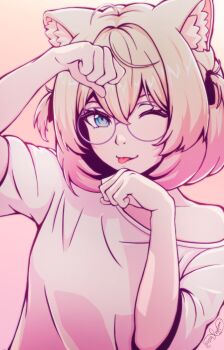 1girl absurdres animal_ears arm_up black_ribbon blonde_hair blue_eyes cat_ears cat_girl closed_mouth commentary english_commentary hair_between_eyes hair_ribbon hand_up highres indie_virtual_youtuber looking_at_viewer medium_hair minikomew one_eye_closed reyforn ribbon round_eyewear shirt short_sleeves solo tongue tongue_out upper_body virtual_youtuber white_shirt