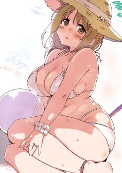 Rule 34 | 1girl, 7010, anklet, arm support, armpit crease, ball, beach, beachball, bikini, blush, breasts, brown eyes, brown hair, cleavage, front-tie bikini top, front-tie top, halterneck, hand on own leg, hat, highres, idolmaster, idolmaster cinderella girls, jewelry, large breasts, medium hair, mimura kanako, parted lips, plump, ring, sand on skin, scrunchie, sitting, sketch background, solo, straw hat, sweat, swimsuit, white bikini, wrist scrunchie